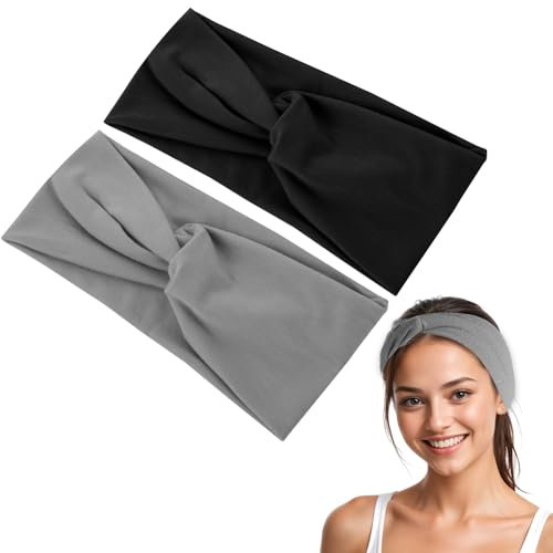 Dimeho 2 Stück Breite Stirnbänder für Frauen Extra Großes Turban-Stirnband Boho-Stirnbänder Vintage-Kopfwickel Geknotet Niedliches Haarband Zubehör für sauberes Gesicht, Make-up, Yoga