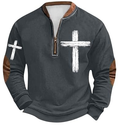 CSHE Sweatshirt Herren Half Zip Pullover Ohne Kapuze Oversize Sport Sweater Langärmelige Warmer Sweatshirts Kreuz Gedruckt Vintage Winterpullover Rundhalsausschnitt Tops für Männer