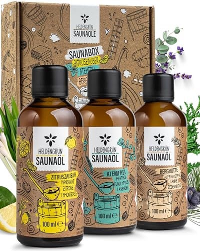 Heldengrün® BIO Saunaaufguss Set [100 % NATURREIN] 3er Duftmix mit ätherischen Bio-Ölen – Für jede Stimmung & 60 Anwendungen – Sauna Konzentrat: wohltuend & intensiv – Geschenk für Sauna-Liebhaber