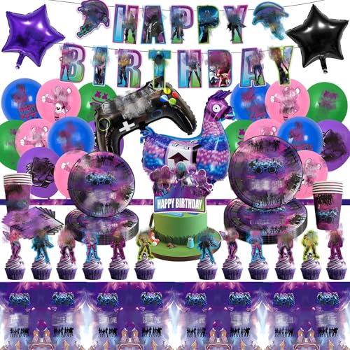 85 Stück Fortnit Geburtstagsdeko, Video Gamer Party Geburtstag Deko Birthday Tableware Supplies Luftballon Partygeschirr Set Tischdecken Teller Servietten Tassen Kuchen Deko Kinder