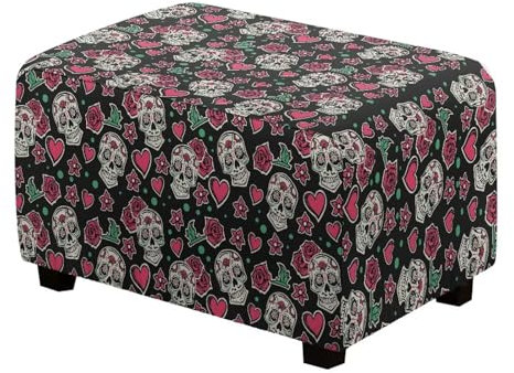 Xoenoiee Ottomanen-Schonbezug mit Totenkopf-Herz, Rosen-Blumenmuster, passgenau, Stretch-Fußhocker-Bezug für Leder/Stoff, rutschfeste Unterseite für Wohnzimmer/Schlafzimmer, Größe L
