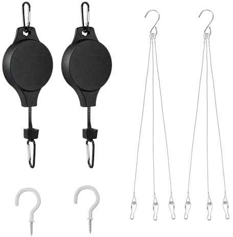 EOAMGO 2PCS Hanging Basket Pulley, 2 Pack Hanging Basket Chains 3 Point & 2PCS White Ceiling Hooks, Adjustable Heavy Duty Plant Pulley Hook for Garden and Birds Feeder