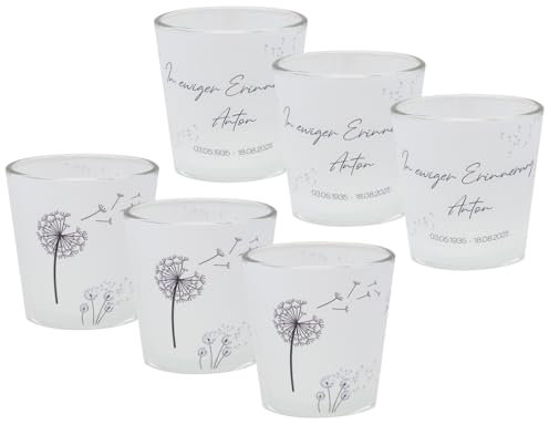 Windlicht Votiv Banderole Pusteblume Anteilnahme Trauer Tischdeko PERSONALISIERT 7,5cm H, Menge:6 Stück