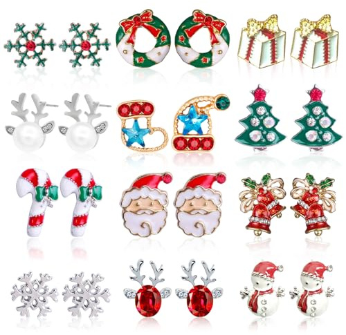 ZJKUBOIS Ohrringe Weihnachten, 12Paar Weihnachtsohrringe für Damen und Kinder, Weihnachts Ohrringe Set mit Weihnachtsmann, Schneemann, Schneeflocken, Kranz, Weihnachtsbaum für Damen Mädchen