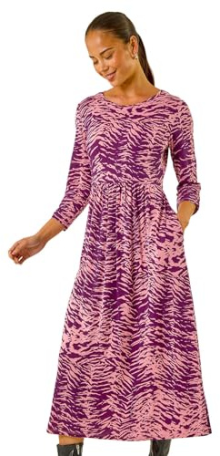 Roman Originals Midi Dress with Pockets for Women UK Ladies Stretchy Jersey Maxi Long 3/4 Length Sleeve Gathered High Waist Boho Flattering Skater Swing Fit Flare - Petite Purple Pink - Size 12