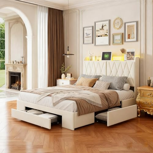 lit 160x200 avec sommier, lit 2 Personnes avec éclairage LED et Port USB, 3 tiroir, tête de Lits avec Rangement, Sommier à Lattes, Lits Moderne pour Enfant/Adulte, Velours, Beige, Matelas Non Inclus