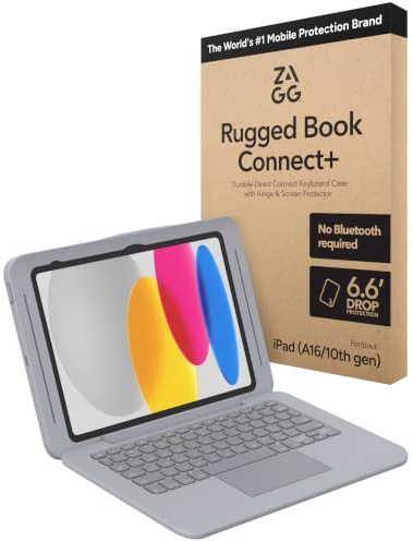 ZAGG Rugged Book Connect+ iPad 11 Zoll (A16) / 11 Zoll (Gen 10) Hülle – Tastaturhülle mit Displayschutzfolie, 2 m Fallschutz, medizinische Qualität, USB-C-Direktverbindung, wasserabweisend