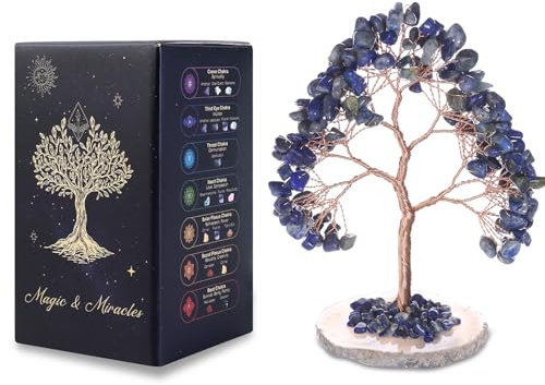 MAGIC AND MIRACLES lapislazzuli albero della vita con base di giada naturale, bonsai in 135 pietre naturali, circa 11 cm, realizzato a mano, cristallo Feng Shui, regalo amorevole