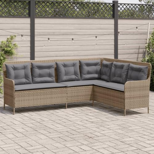 LoogCape Gartensofa in L-Form, Beige Poly Rattan, 5-Sitzer Outdoor Couch mit Hellgrauen Kissen, UV-beständig, Robustes Terrassenmöbel Set für den Garten