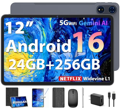 12 Inch Tablet - Android 16 Tablet with Keyboard, 24GB+256GB+2TB Expand | 2K Gemini AI Tablets PC with 8-Core, 8000mAh, 5G WiFi, 16+8MP, GPS, 2026 2 in 1 Large Tablets with Case,Mouse,Stylus