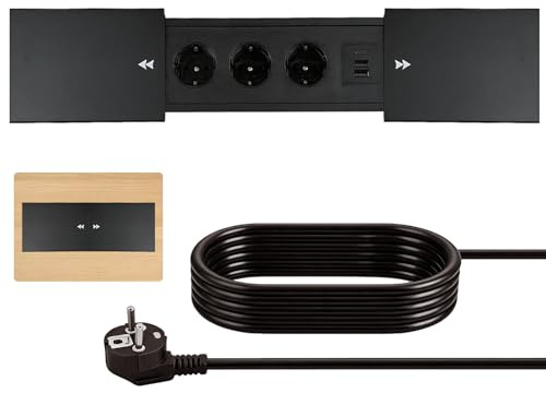BRGD Negro Aluminium Enchufe de Mesa Empotrable, Salida de Enchufe Retráctil con 2 Puertos USB, Tipo C y Cable de 1.8m para Encimera, 250V /16A