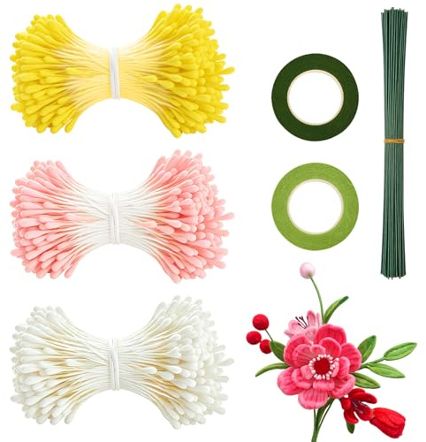ROEOWENE 1230pcs Pfeifenreiniger Blumen Staubblätter 30 Blumendraht Stäbe | mit 2pcs Floristenband für Pfeifenputzer zum Basteln Blumen DIY Haarschmuck Dekorationen Pfeifenputzer Materialset