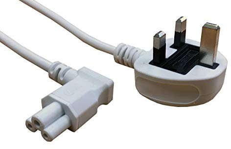 electrosmart 2m White C5 Clover Cloverleaf 90 Degree Angled Mains Cable Lead to UK Plug