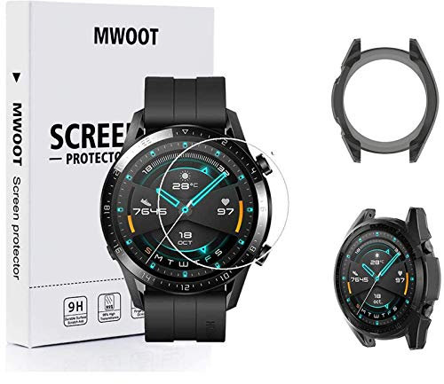 MWOOT Compatible con Huawei Watch GT2 46MM Protector Pantalla Cristal [2 Unidades] y Funda Silicona Negro, 9H Dureza Resistente a Arañazo Protector Pantalla Vidrio