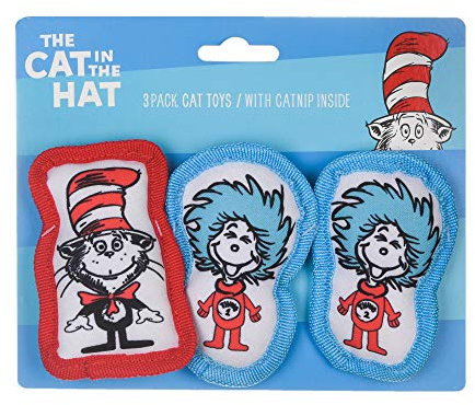 Dr. Seuss for Pets Die Katze im Hut, 3-teiliges Katzenspielzeug mit Katzenminze im Inneren, Katzenspielzeug aus der Dr. Seuss Kollektion, Katzenkauspielzeug mit Katze im Hut und Sache 1 und Sache 2