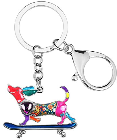 Emaille Legierung Strass Skateboard Dackel Hund Schlüsselanhänger Schmuck für Frauen Mädchen Tasche Brieftasche Charme (Mehrfarbig), 30mm x 40mm