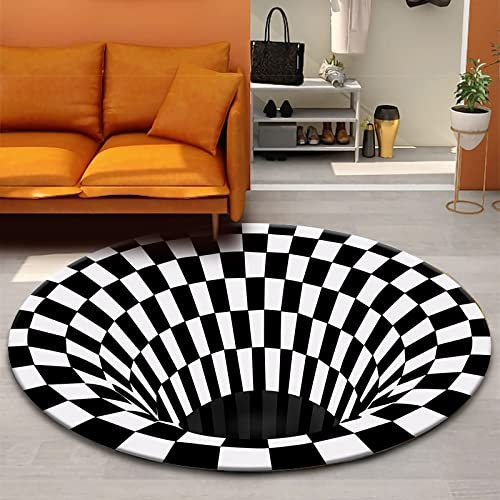 GOODLUKY 3D Teppich Rund rutschfest Fußmatte 3D Teppich Optische Täuschung Loch Teppich Schwarz-Weiß Karierter Vortex Illusions Teppich Für Wohn-Esszimmer Schlafzimmer Küche Indoor Outdoor,1,100cm