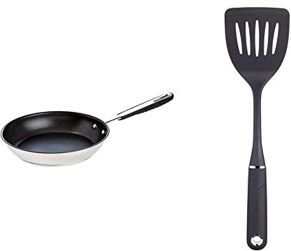 Amazon Basics Stainless Steel Induction Non Stick Frying Pan - with Soft Touch Handle, PFOA&BPA Free - 20 cm & MasterClass MCSGNWNT Fish Slice/Slotted Turner with Soft Grip Handle, Black, 35.5 cm