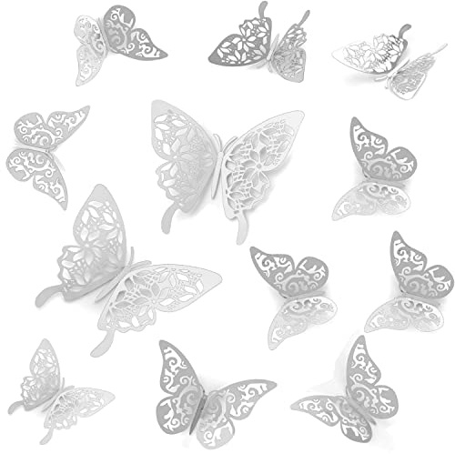 3D Schmetterlinge Deko, 24 Stück, 2 Stile, 3 Größen, Schmetterlinge Aufkleber Dekoration Wandtattoo Abnehmbare Wandaufkleber Heimdeko Wand Deko (Silver)