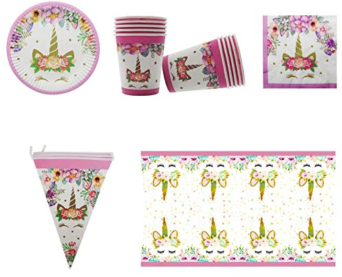 wopin Vajilla Cumpleaños Infantil Unicornio, Decoración Cumpleaños Unicornio Niña,Incluye Banderines, Mantel, Servilletas, Platos y Vasos para Cumpleaños,Pack de 42 Piezas para 10 Invitados