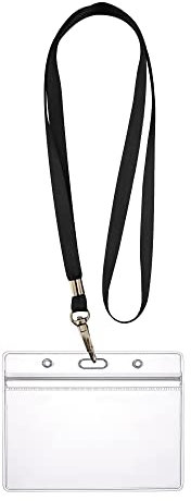 WEBBOMB Ausweishülle ZIP Kartenhalter flexibel horizontal wasserdicht für 1-2 Ausweise und Karten Namensschilder ID-Card Schutzhülle 0,80mm transparent + 360° Umhängeband Lanyard (Schwarz)