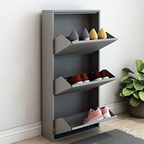 [en.casa] Schuhschrank Sokndal Schuhkipper mit 3 Klappen Metall Schuhkommode für 6 Paar Schuhe 104 x 50 x 15 cm Grau