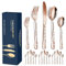 Aoresac Juego de Cubiertos 4 Personas,20 PCS Juego de Cubiertos de Acero Inoxidable Patrón Pulidos Con Espejo de Flores Incluye Cuchillo, tenedor para Cocina Restaurante Fiesta(Oro rosa)