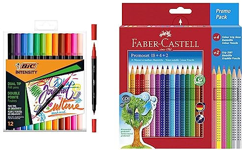 BIC Intensity Filzstifte Set, Dual Tip Brush Pen zum Malen in 12 verschiedenen Farben & Faber-Castell 201540 - Buntstifte Set für Kinder und Erwachsene, 24-teilig