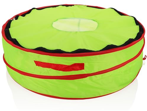 com-four® Aufbewahrungstasche XL mit Sichtfenster - große Schutzhülle für Kränze mit Tragegriff und Reißverschluss für Dekoration, Girlanden, Accessoires, Spiel-, Näh- und Strickzeug (grün/rot - rund)