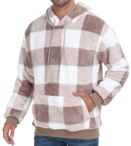 PEGENO Herren-Kapuzenpullover, flauschig, Sherpa-Kapuzenpullover, Sweatshirts, lockere Passform, gemütliche Tasche, lange Ärmel, Winter-Kapuzenoberbekleidung, A15 Khaki-Gitter, Medium