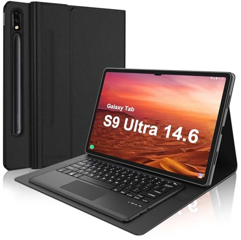 SENGBIRCH Keyboard Case for Samsung Galaxy Tab S10 ultra 14.6 inch 2024 - UK Layout Detachable Trackpad Wireless Bluetooth Keyboard, Protective Folio Cover for S9 Ultra/S8 Ultra 14.6, Black