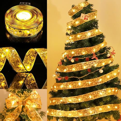 KOIROI Decorazione Con Nastro Natalizio, Nastro Per Albero Di Natale 5M 50 Led, Nastro Natalizio, Decorazione Con Nastro Di Pizzo Per Decorazione Di Albero Di Natale All'Aperto, Festa, Matrimonio (A)