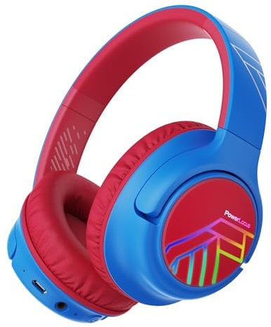 PowerLocus Auriculares de Diadema para Niños, Cascos Bluetooth Inalámbricos, Límite de Volumen de 74/85/94dB, Luces LED de Colores, Micrófono, Plegable, Conecta 2 Auriculares al Dispositivo