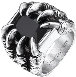 Bestyle Gothic Biker Drachen Ring mit schwarzer Onyx für Männer Achat Luxusring mit Textgravur Dragon Claw Ring aus 316 Edelstahl, Personalisierte Geschenk für ihn, Vintage Silber, Größe 54