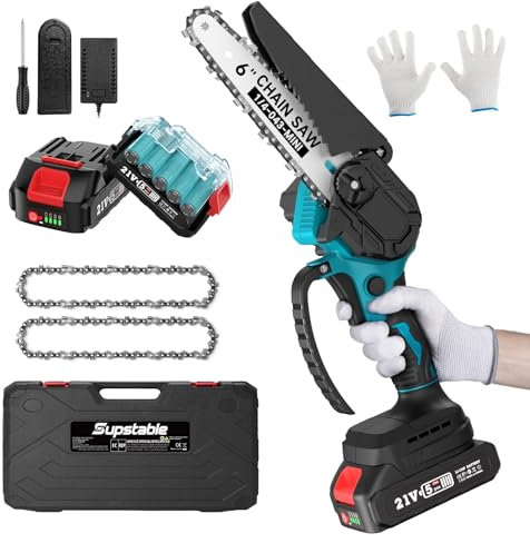 Supstable Mini Kettensäge mit Akku, 6-Zoll-Handkettensäge mit 2 x 2.0 Ah Akkus und Ladegerät, 2 Ketten, Einhand-Kettensäge elektrisch für Gartenbäume, Astschere und Holzschneiden