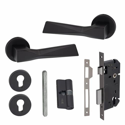 Golden Grace Modern Aura Euro Lock Door Handles in Matt Black Finish with 70mm Key & Key Barrell