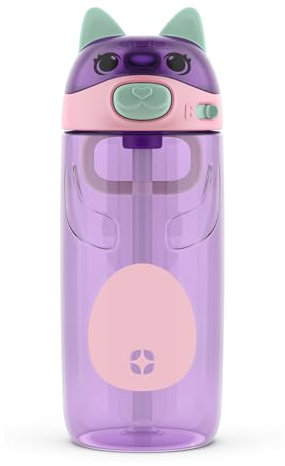 Ello Ellies 16oz Plastic Kids Water Bottle with Straw and Built-in Carrying Handle and Leak-Proof Locking Lid for School backpack, Lunchbox and Outdoor Sports, Cat