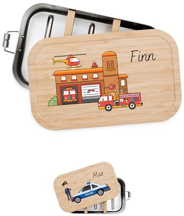 Bärenfreunde Personalisierte Brotdose Edelstahl, Kinder Lunchbox | Vesperdose personalisiert mit Namen, Brotzeitbox Holz mit Fächern und Holzdeckel, Bambus Jausenbox, Kita, Dino, Traktor