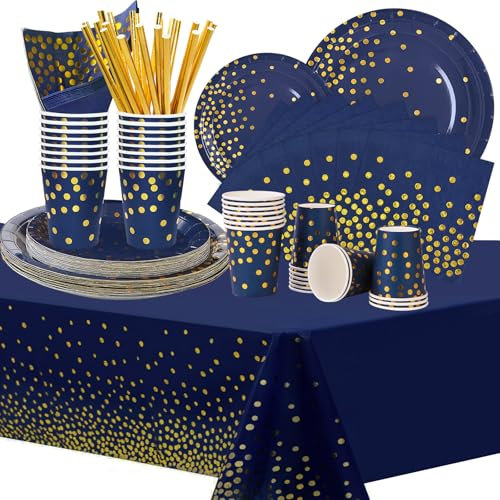 COLANANA Party Supplies,Party Tableware Set,Navy Birthday Decorations Contain Plates Tablecloth Cups Napkins Paper Straws for Baby Shower Birthday Wedding Partys Anniversary(16 Guests)