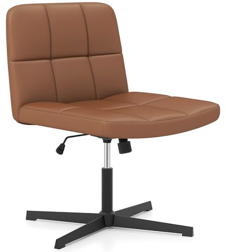 GYMAX Schreibtischstuhl, Armloser Bürostuhl mit Kunstleder Polsterung & breitem Sitz, drehbarerer PC-Stuhl mit Wippfunktion, höhenverstellbarer Computerstuhl für Heimbüro & Schlafzimmer (Braun)
