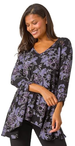 Roman Originals Floral Print Hanky Hem Stretch Top for Women UK - Ladies Everyday Holiday Spring Summer Round Neckline Comfy Soft Evening Vacation Work Party - Purple Black - Size 10