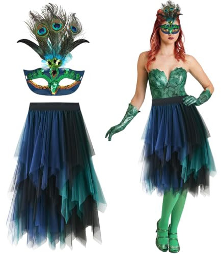 Pfau Kostüm Damen, 2 Stück Pfau Maske und Blau Tüllrock, Damen Rock Tüll Asymmetrisch Röcke für Halloween Karneval Fasching Mottoparty Cosplay Maskenball