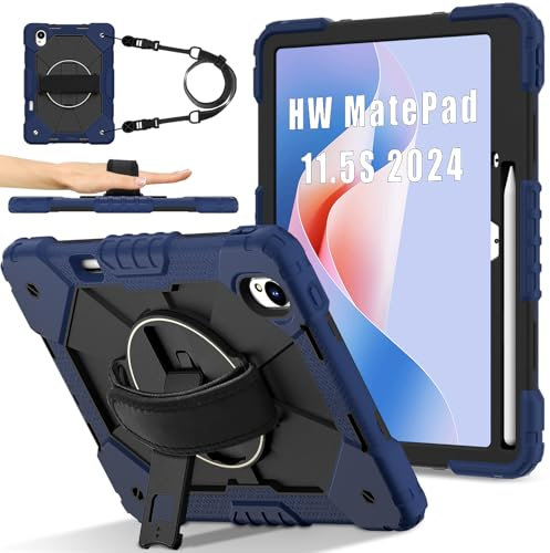 FONREST Funda portátil resistente para Huawei MatePad de 11.5 pulgadas S 2024 con soporte para lápices, soporte giratorio, correa de mano, cordón rígido de policarbonato de silicona híbrida a prueba