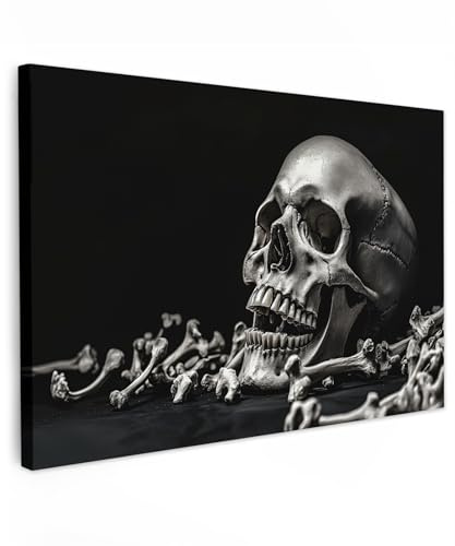 MuchoWow© Bilder Groß XXL Wohnzimmer Deko Modern Wandbild Kunstdruck | 120x80 cm - Leinwand Bild Schlafzimmer über Bett Room Decor Geschenke Schädel - Knochen - Totenkopf - Schwarz