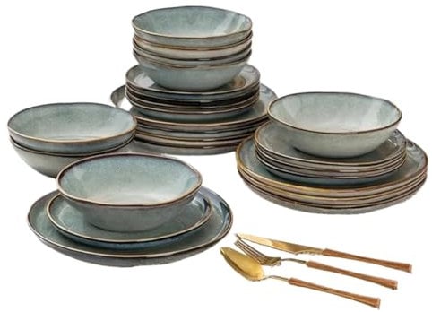 WLIHDB Dinner Sets Ceramic Dinnerware Sets,Handmade Reactive Glaze Plates And Bowls Sets,Highly Chip And Crack Resistant | Dishwasher & Microwave For Dinner(Green)