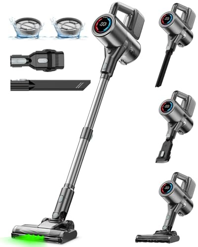 VersLife Akku Staubsauger Kabellos, 500W/45KPA Stabstaubsauger mit LED-Display und grüne Frontleuchten bis zu 45 Min. Laufzeit, selbstständig stehender Staubsauger für Hartböden,Teppiche