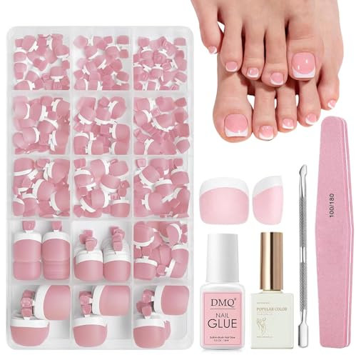 DMQ French Press on Toenails Short Set, 240Pcs Square False Toenails, French Tip Nude Pink Color Fake Toe Nails, Full Cover Stick on Nails with Glue for Women Girls Nail Art Manicure