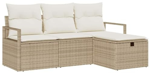 vidaXL 4-teiliges Gartensofa-Set mit Kissen in Beige aus Poly Rattan – perfekte Gartenmöbel für Balkon und Terrasse, Flexibles Sitzmodul für die Lounge.