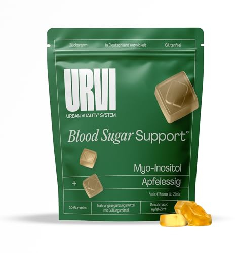 URVI® Blood Sugar Gummies – Apfelessig, Myo Inositol, Chrom & Zink – Zuckerarm & Glutenfrei – Apfel Zimt Geschmack – 30 Stück