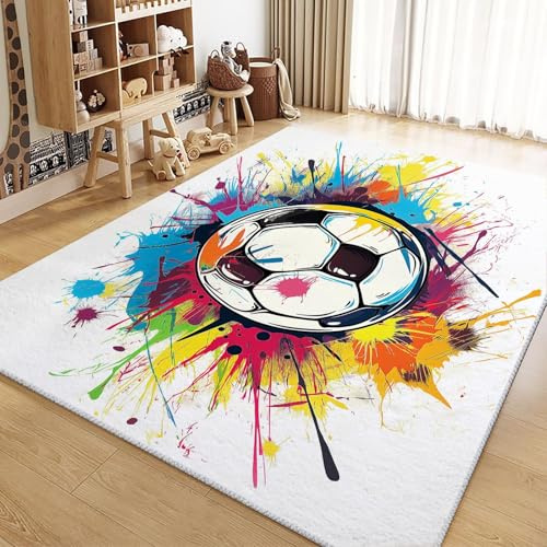 AUWUUA Bunte Graffiti Fußball Teppich 100x200cm Sportthema Kinderzimmerteppich, Weich Kurzflor Waschbarer rutschfest Teppiche für Spielzimmer, Wohnzimmer, Schlafzimmer, Badezimmer Fußmatte
